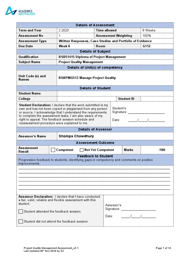 Project Quality Management Assessment Guide | PDF | Educational ...