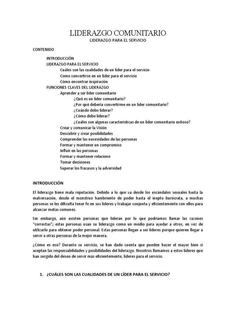 Funciones y Tipos de Líderes Comunitarios | PDF | Liderazgo | Estrés ...