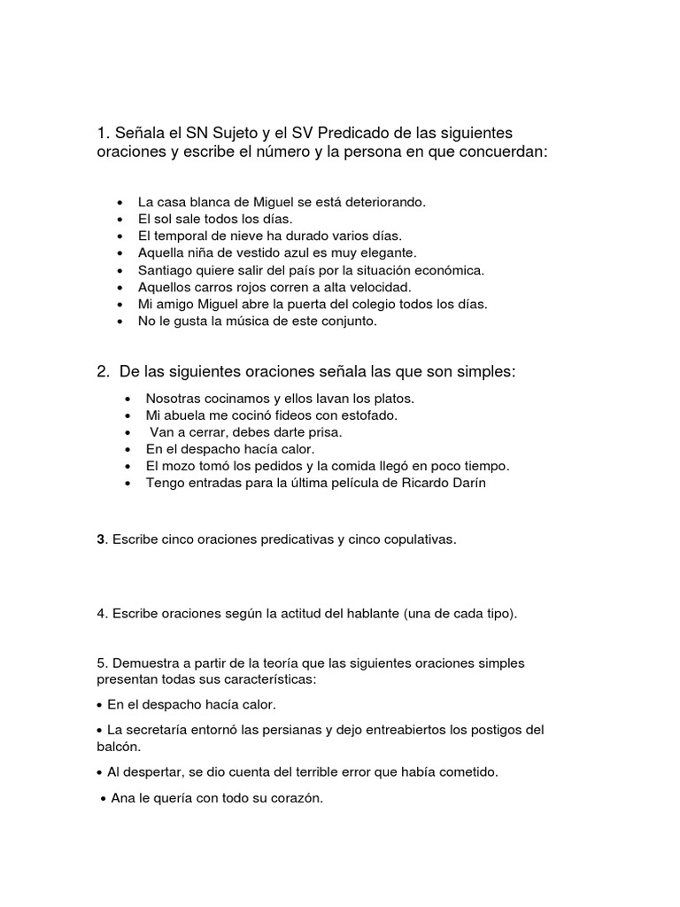 Ejercicios de Oraciones Simples y Compuestas | PDF