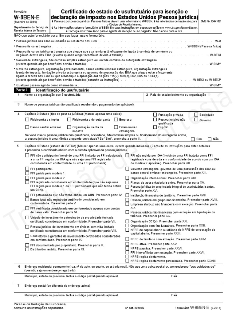 W8BENE Form and Instructions PT PDF Crédito Finanças e