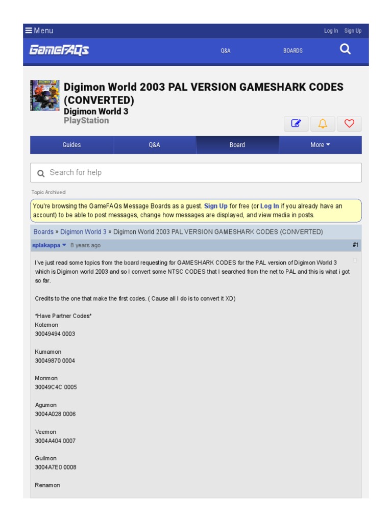 Digimon World 2003 Pal Version Gameshark Codes (Converted) Digimon