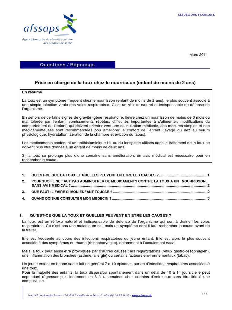 Afssaps Toux Nourrissons 11 Pdf Rtt Soins De Sante