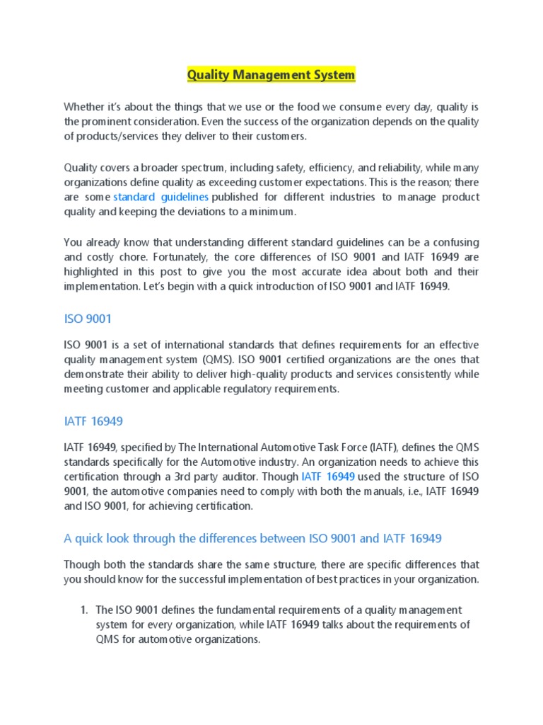 Quality Management System (ISO 9001 Vs IATF 16949) | PDF | Iso 9000 ...