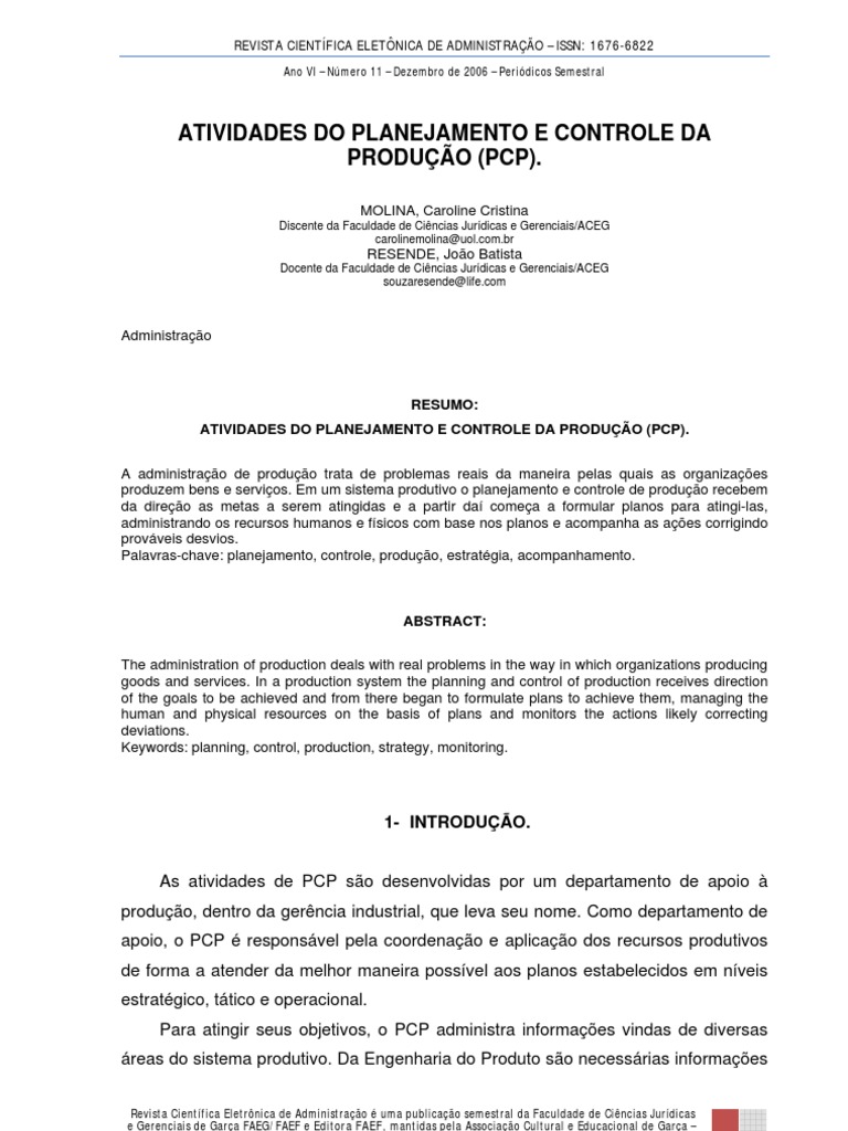 Atividades Do Planejamento e Controle Da Producao PCP | PDF ...