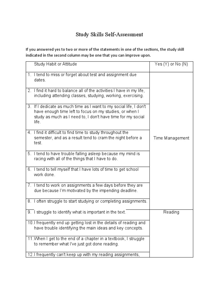 Study Skills Self Assessment Rubric Pdf Study Skills Psychology