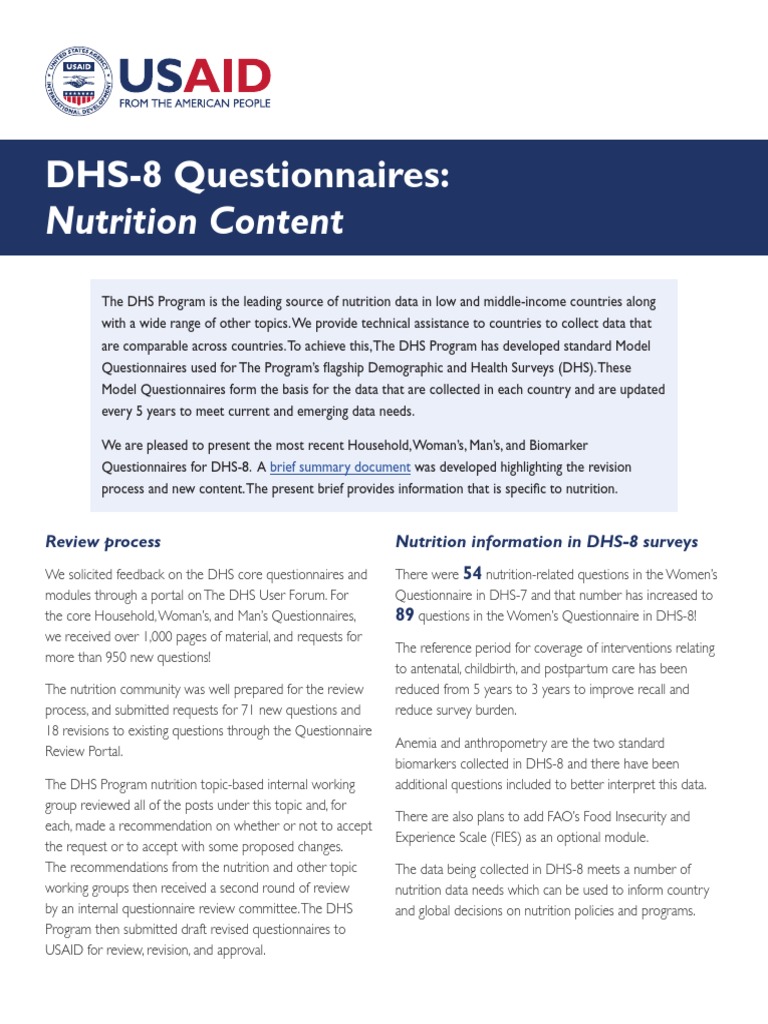 DHS8 Questionnaires Nutrition Content PDF Diarrhea Public Health