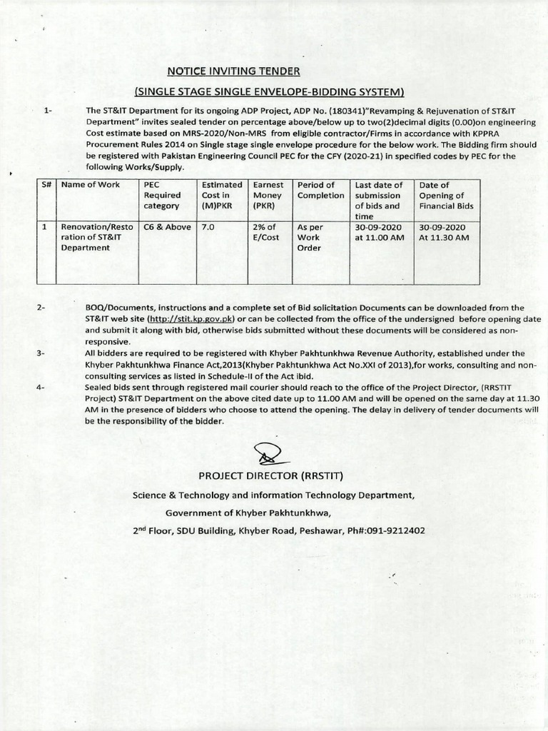 Notice inviting tender single stage single envelope bidding system 