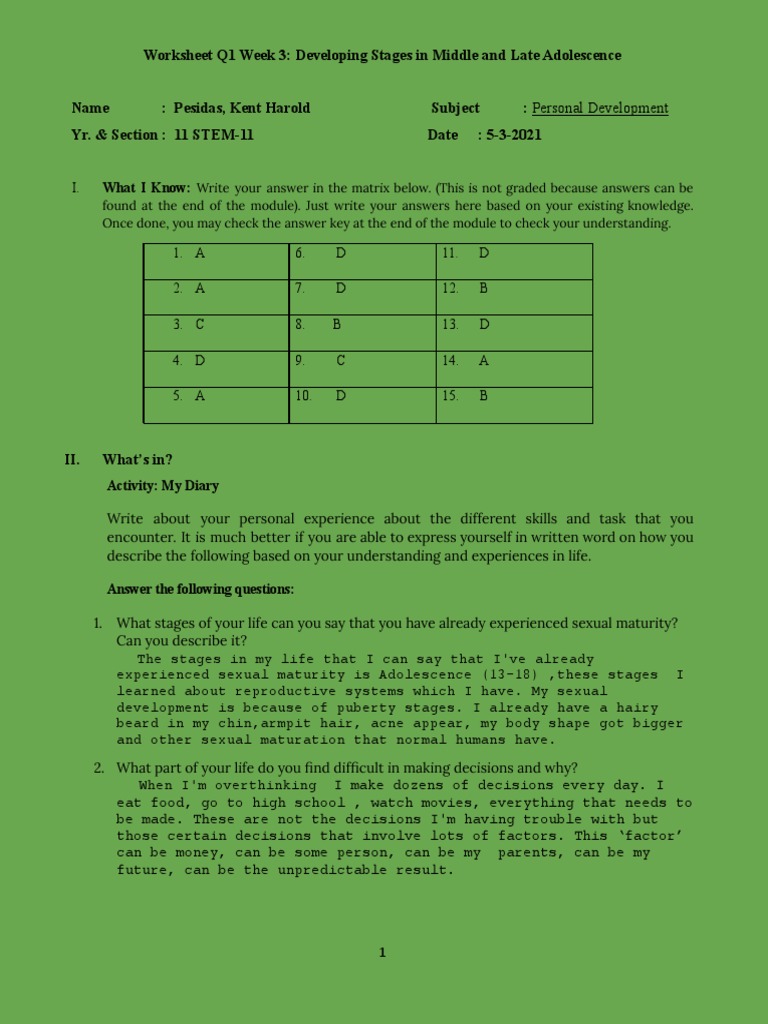 Stages of Adolescent Development Worksheet | PDF | Value (Ethics ...