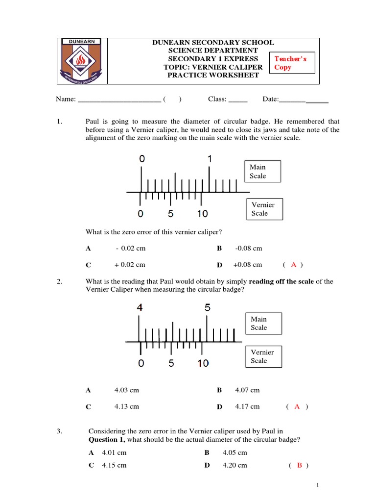 5C Revision Worksheet On Vernier Calipers Answers 1E PDF Scientific Observation Metrology