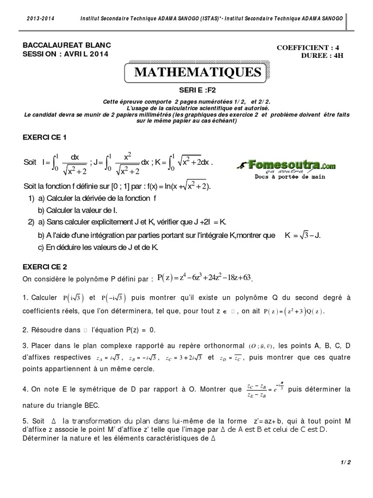 Bac Blanc Maths 2014 - Série F2 | PDF | Fonction (Mathématiques) | Intégral