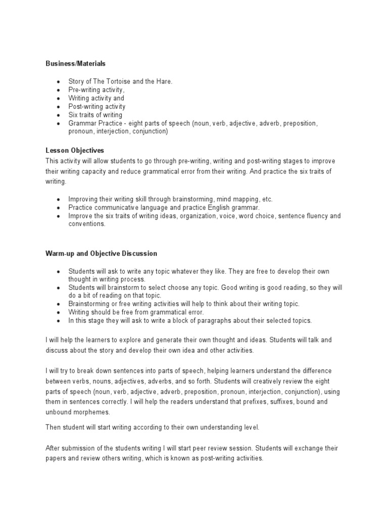 Lesson Plan Story of Tortoise and Hare | PDF | English Grammar | Part ...