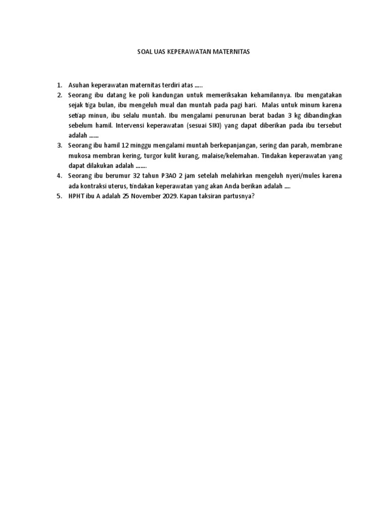 Soal UAS Keperawatan Maternitas 2023 | PDF | Sains & Matematika