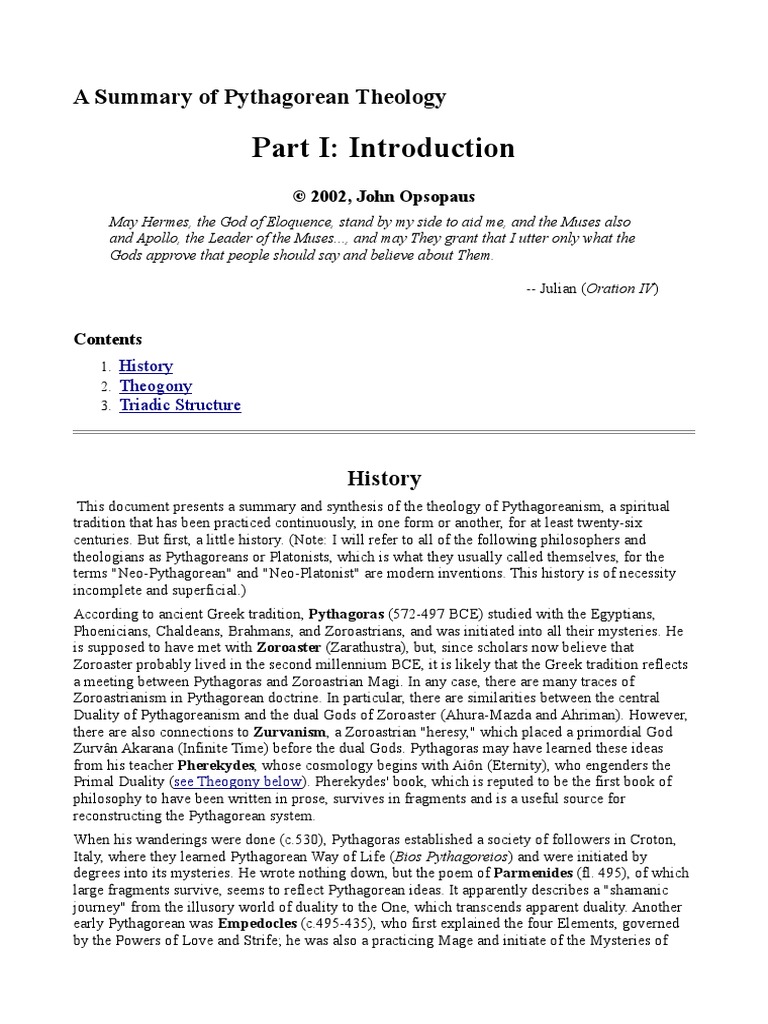 A Summary of Pythagorean Theology - Part 1 - John Opsopaus | PDF |  Pythagoras | Helen Of Troy