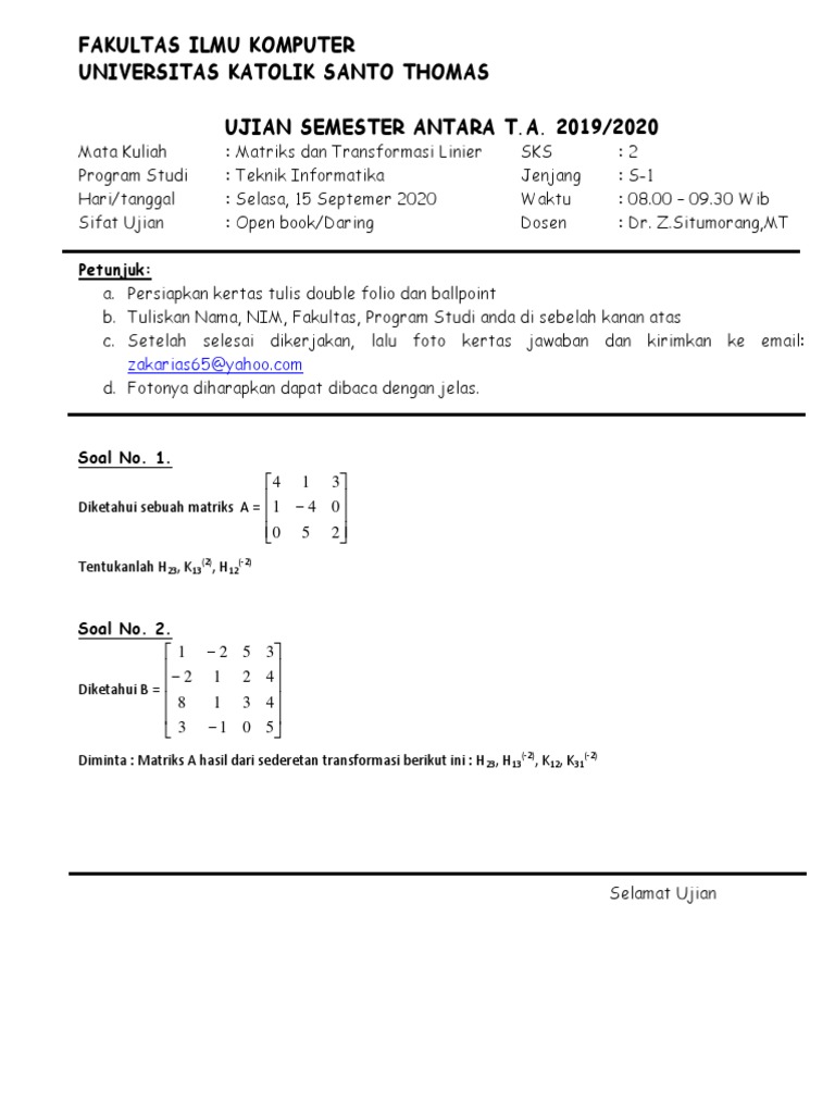Ujian Matriks & Transformasi Linier | PDF | Metode & Bahan Ajar