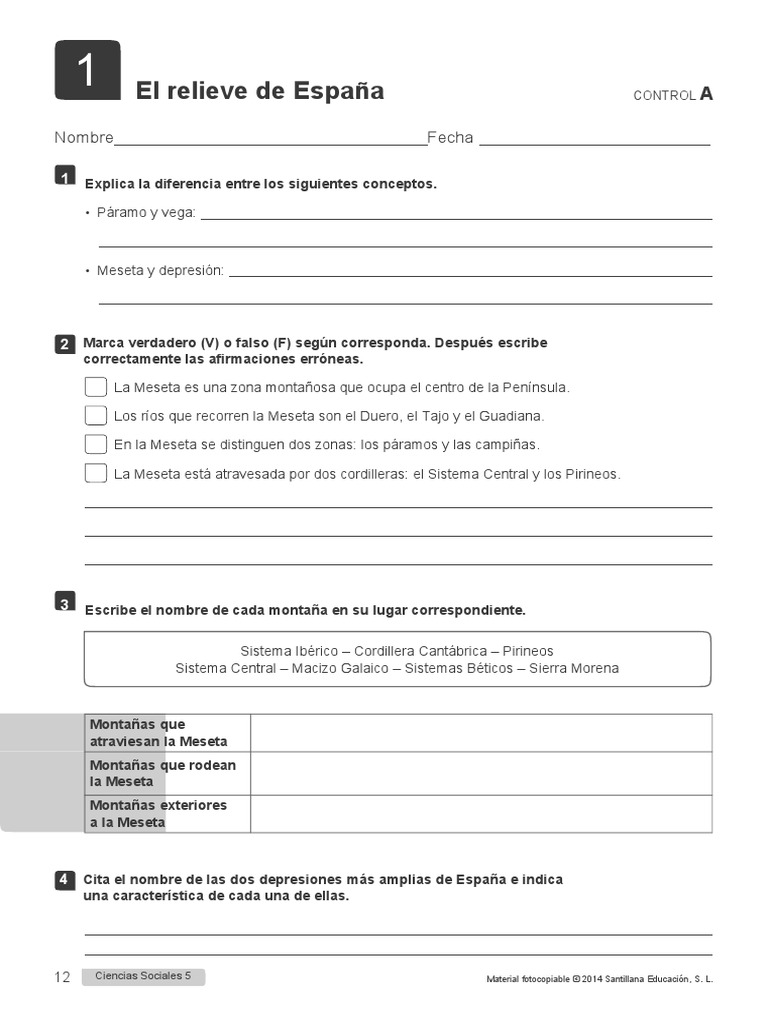 Prueba A Tema 1 Sociales 5 Primaria | PDF