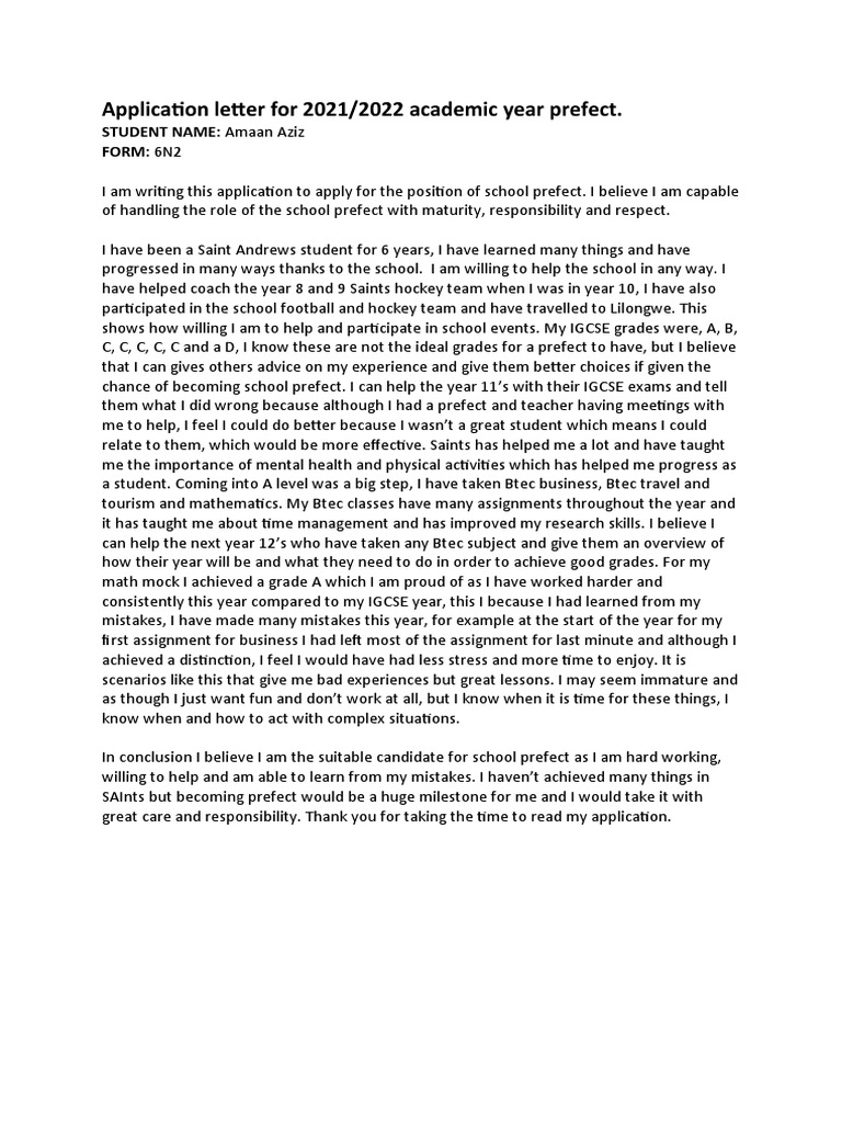 application letter for the post of senior prefect