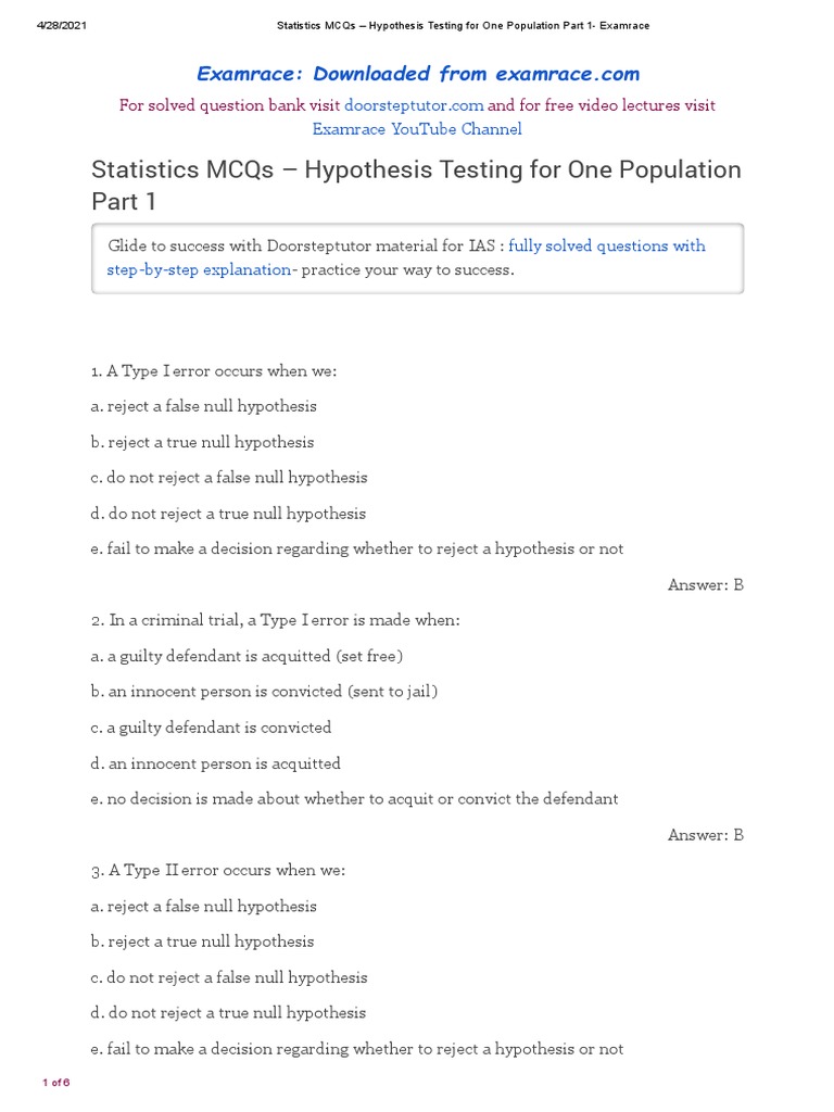 Statistics Mcqs Hypothesis Testing For One Population For Solved