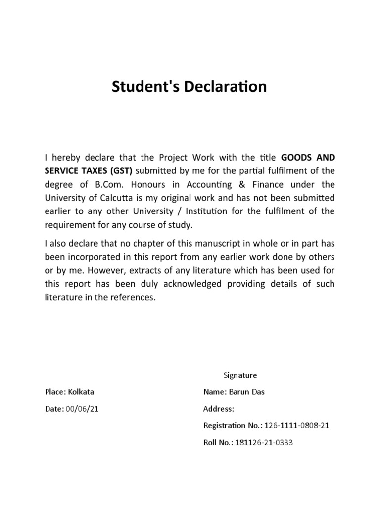 declaration for dissertation