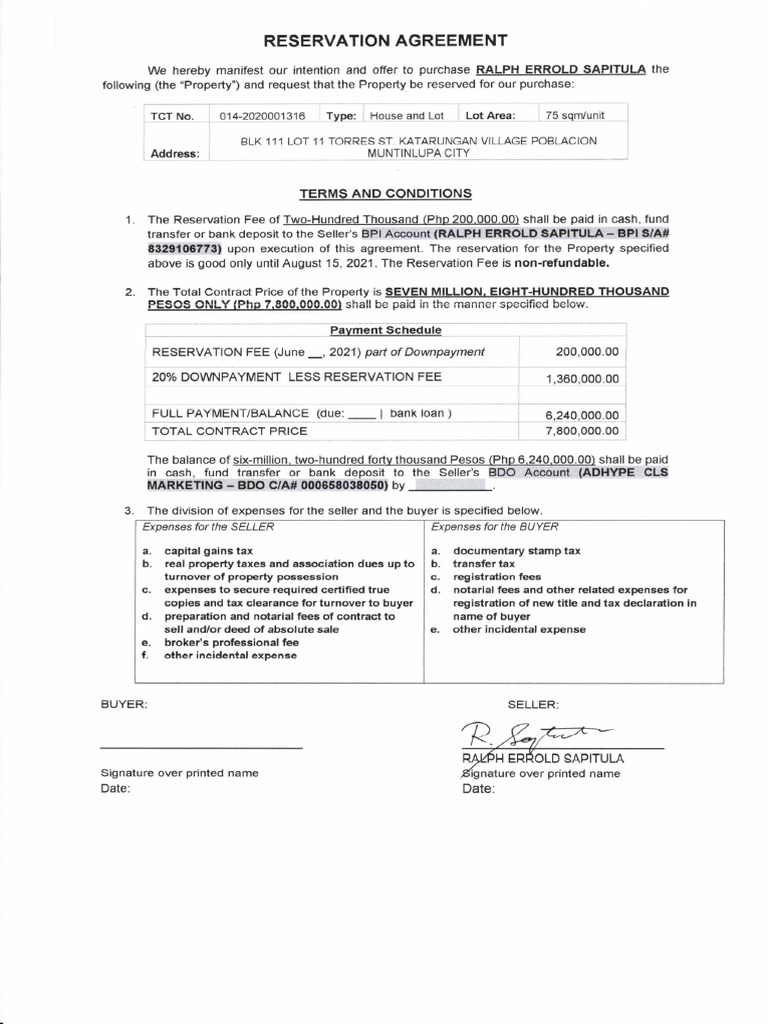 Reservation Agreement Sample PDF