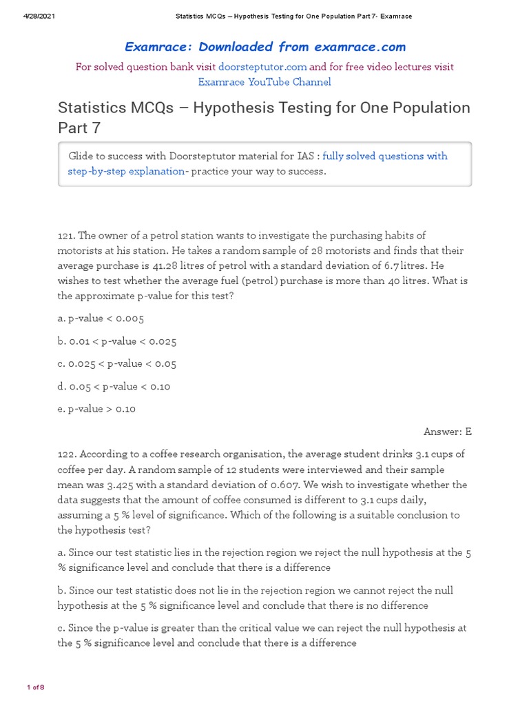 Hypothesis Testing For One Population Part 7 | PDF | P Value ...