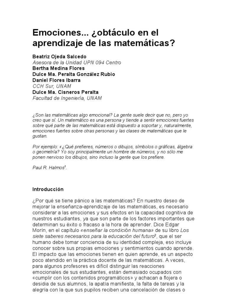 Emociones en el aprendizaje de las matemáticas: Un factor clave a ...