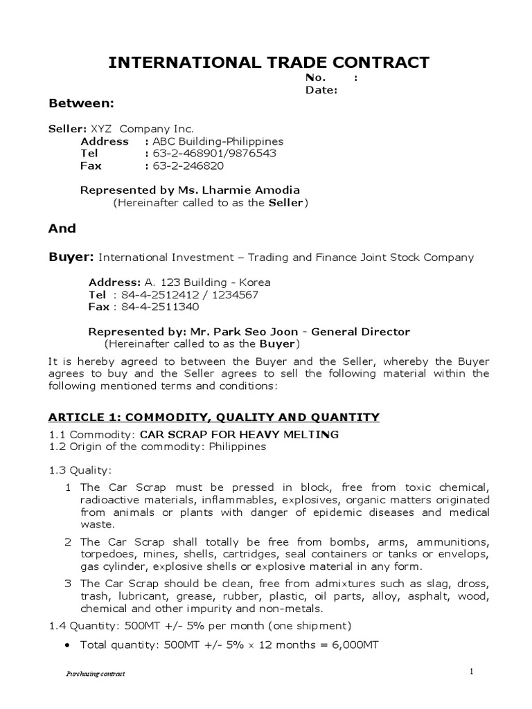 International Trade Contract PDF Letter Of Credit Business Law