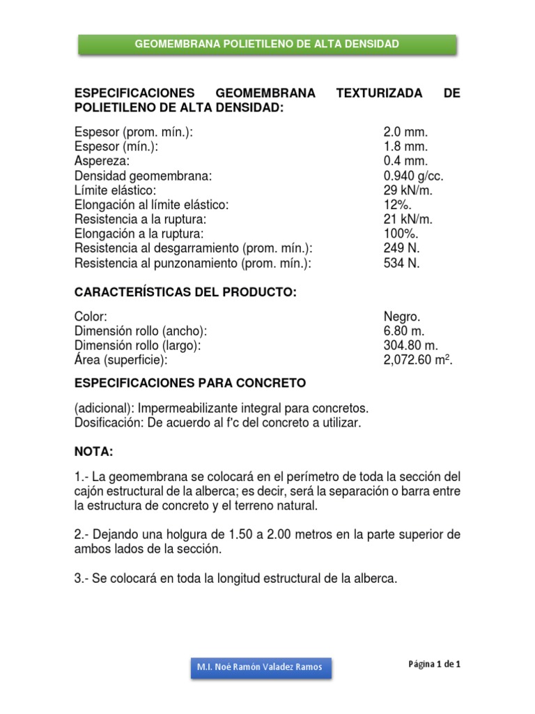 Especificaciones de Geomembrana HDPE | PDF | Hogar, jardinería y ...