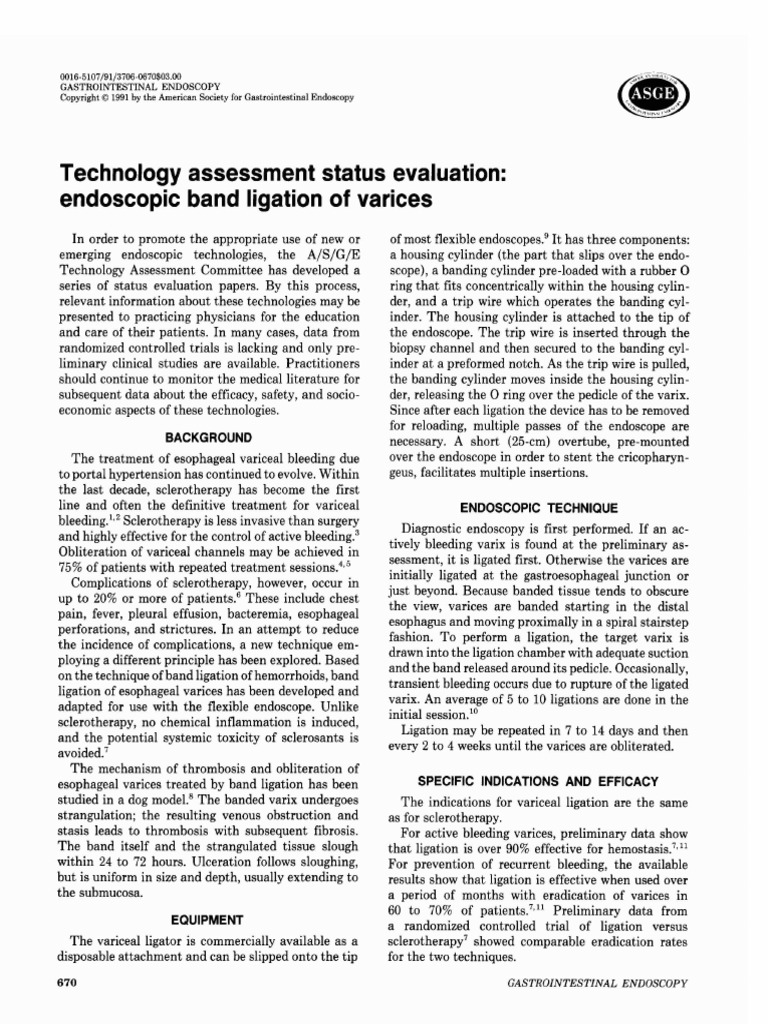 Technology Assessment Status Evaluation Endoscopic Band Ligation of
