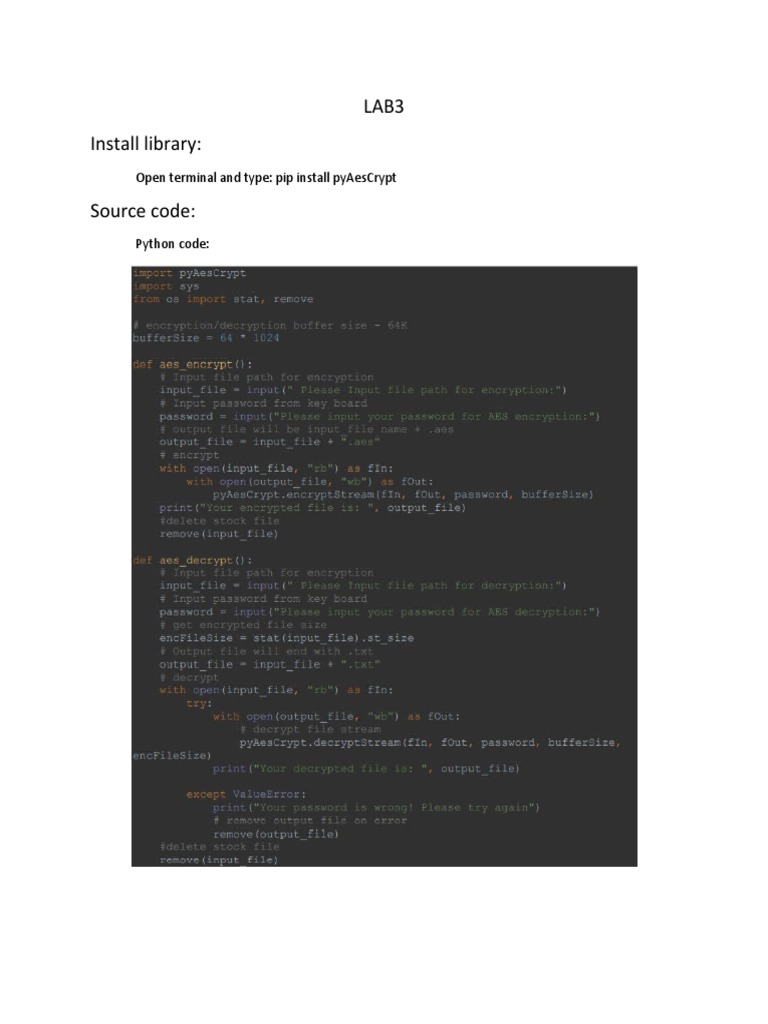 Lab3 Install Library:: Open Terminal and Type: Pip Install Pyaescrypt | PDF