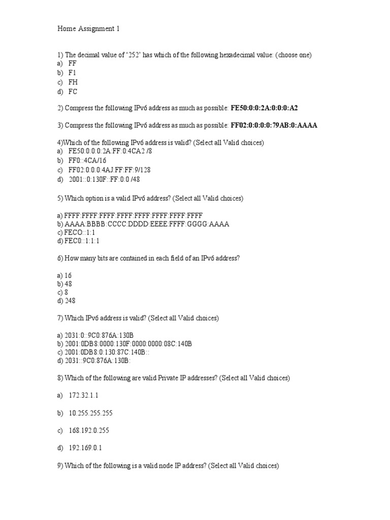 IPv6 and Private IP Address Quiz | PDF