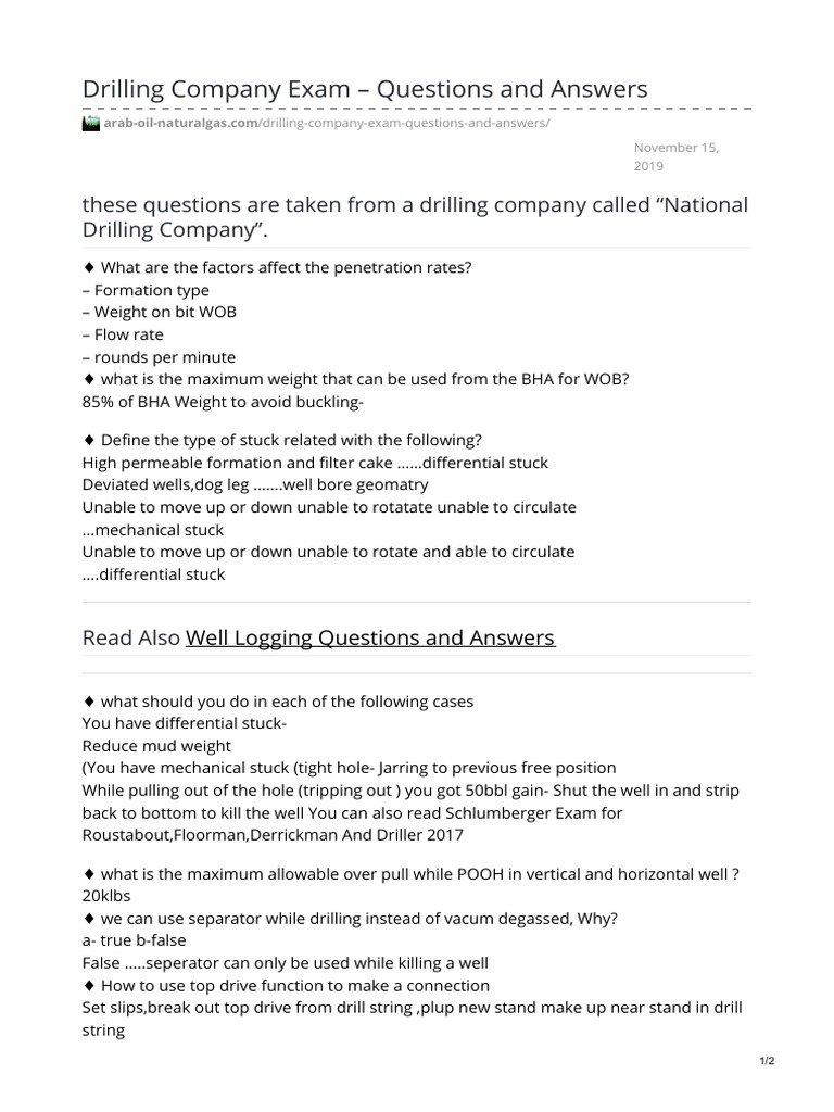 Drilling Company Exam Questions and Answers PDF Chemical