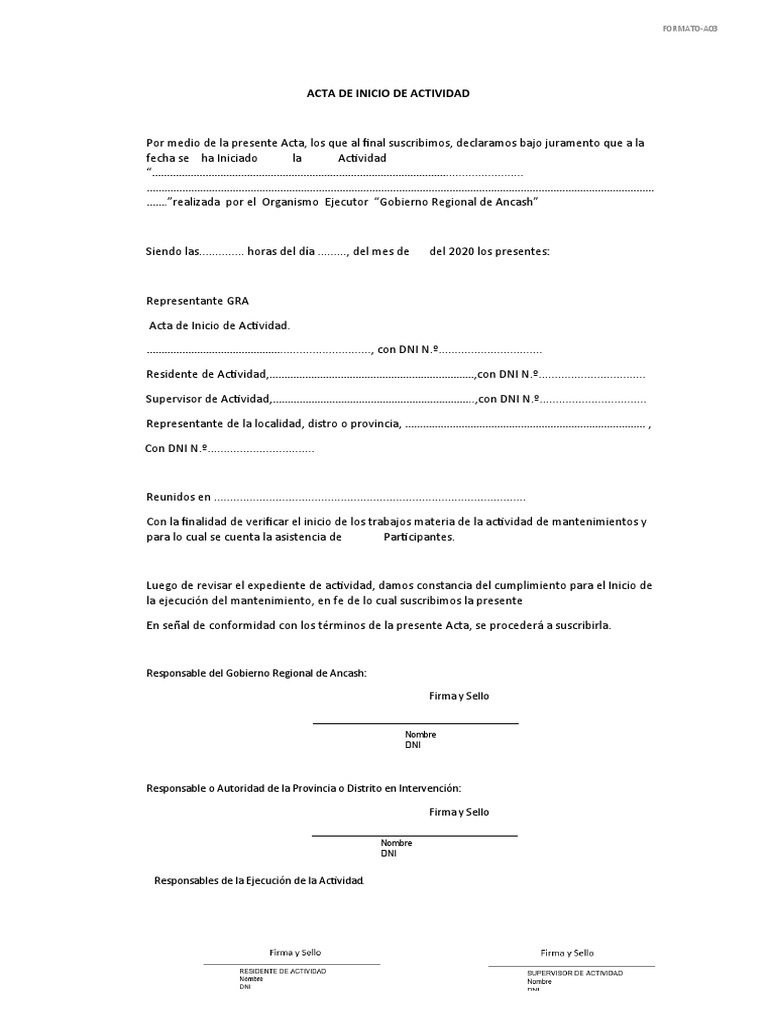 Formato - A03 Acta de Inicio de Actividad | PDF