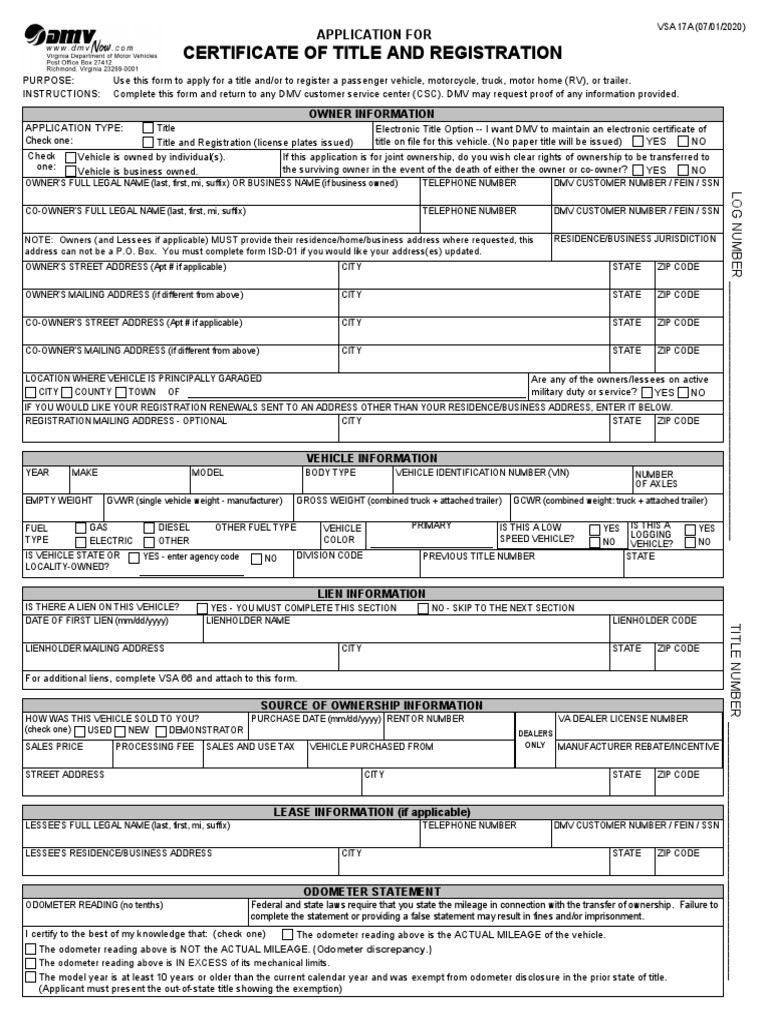 Certificate of Title and Registration: Application For | PDF ...