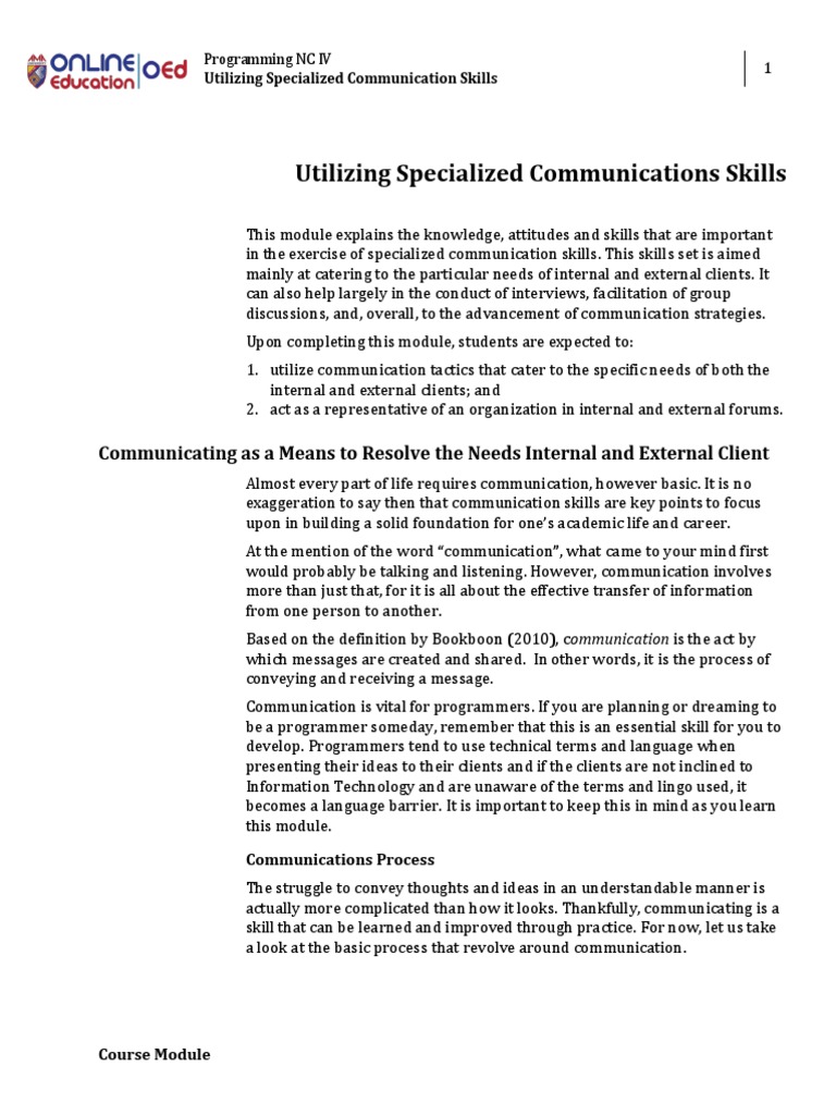 Specialized Communication Skills Module | PDF | Interpersonal ...