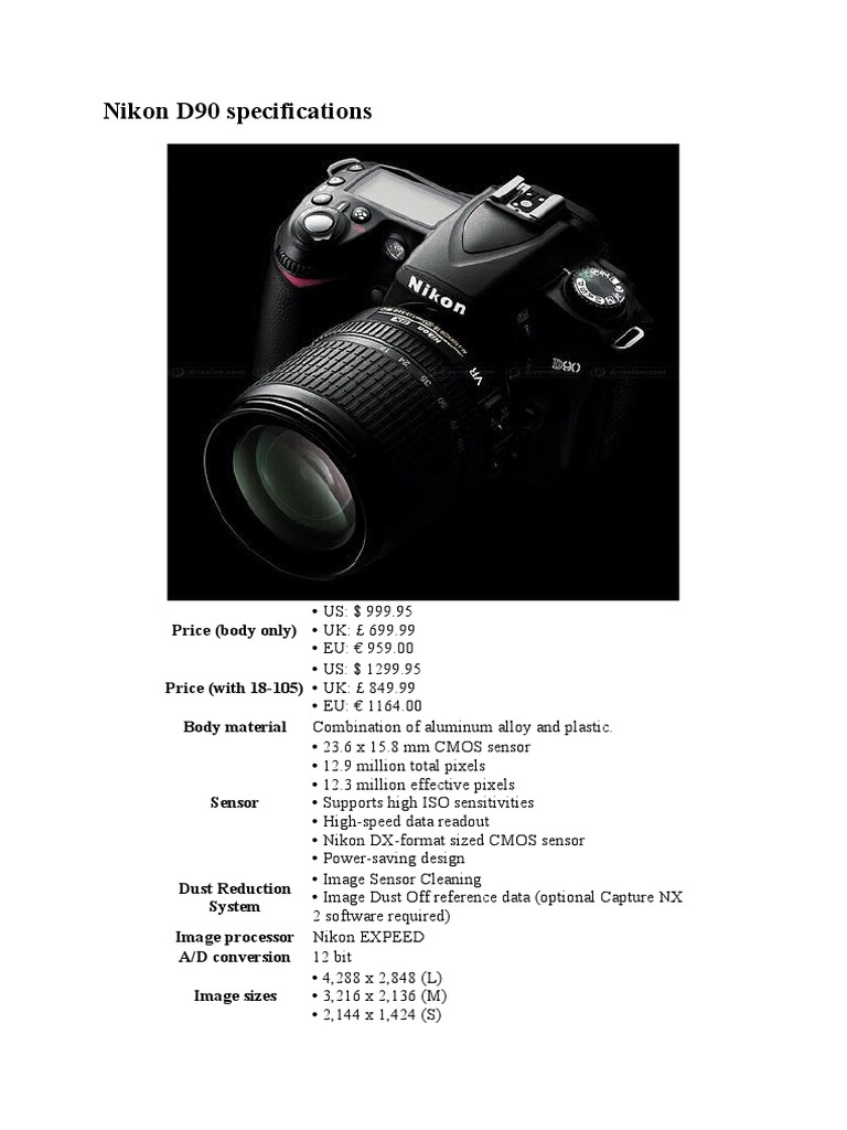 Nikon D90 Specifications | PDF | Autofocus | Exposure (Photography)