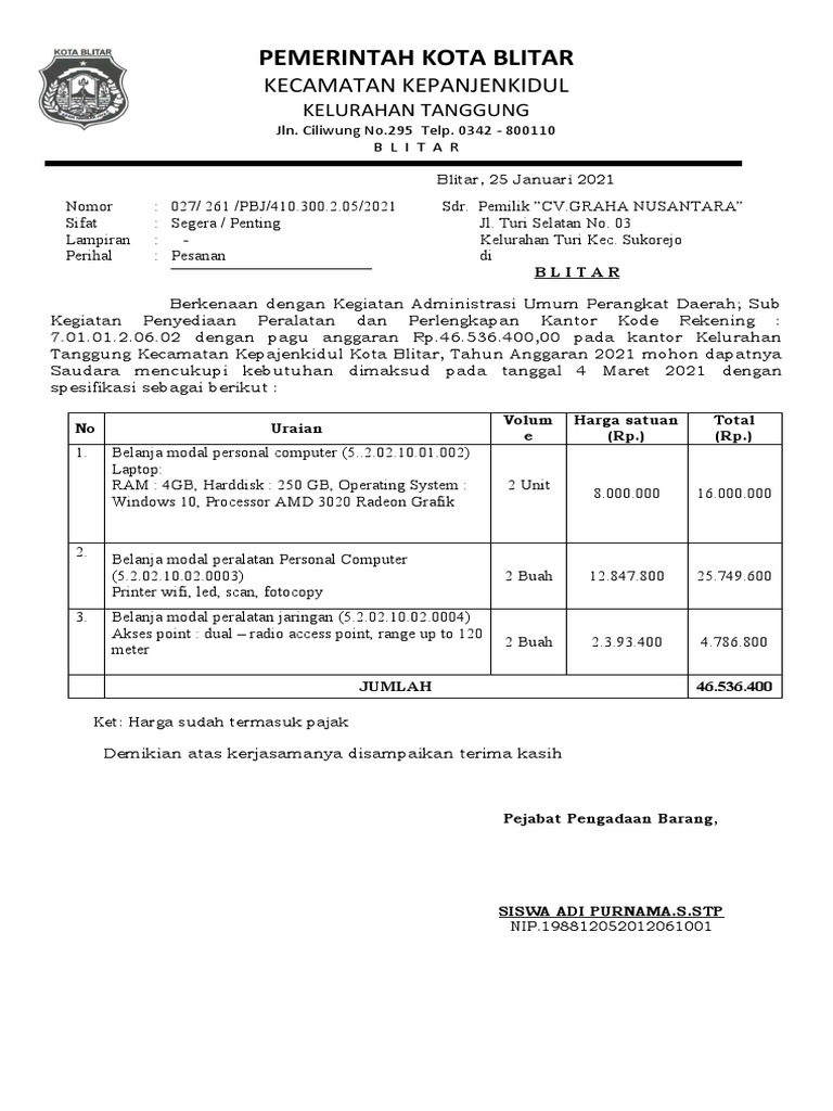 Contoh SPJ Pembelian Peralatan Kantor | PDF
