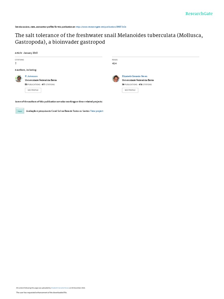 The Salt Tolerance of The Freshwater Snail Melanoides Tuberculata