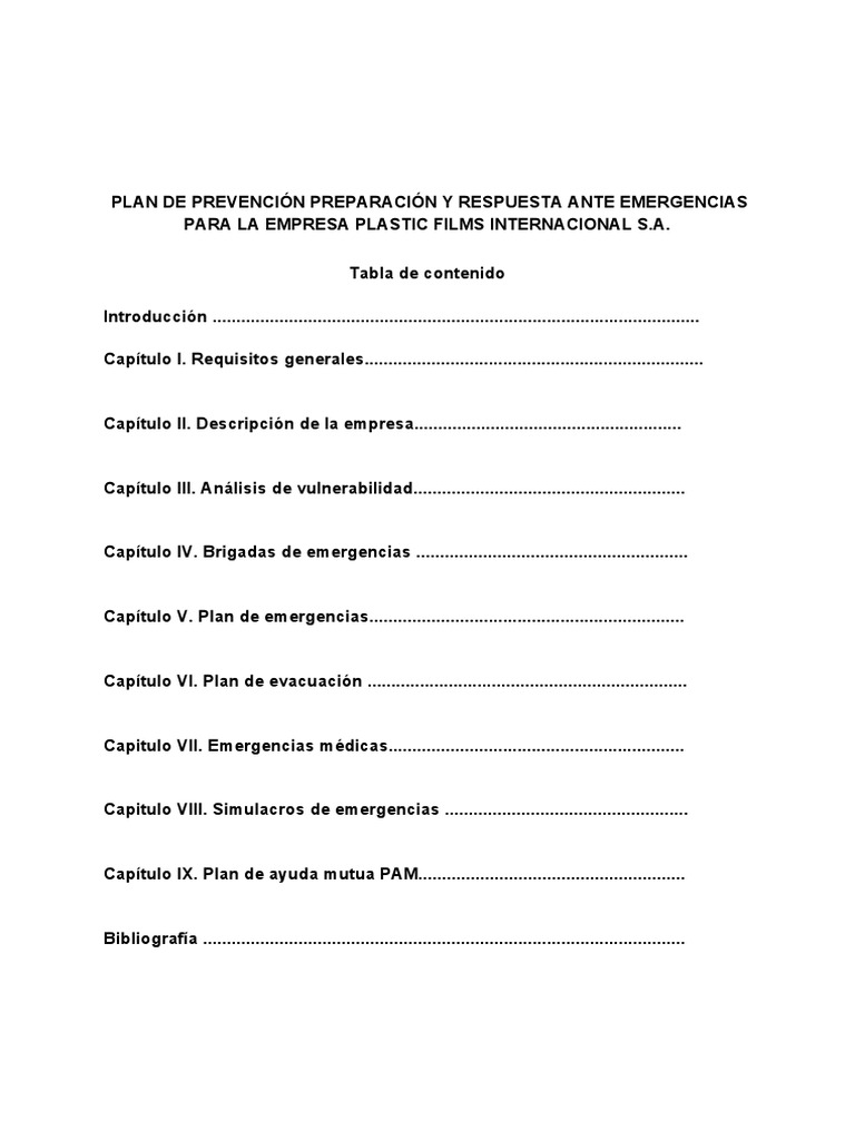 Plan para El Control de Emergencias en Plastic Films Internacional S