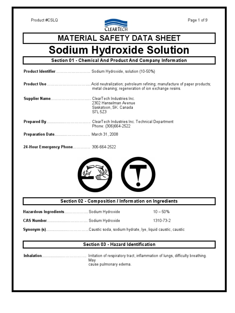 Sodium Hydroxide Solution: Material Safety Data Sheet | PDF | Chemistry ...