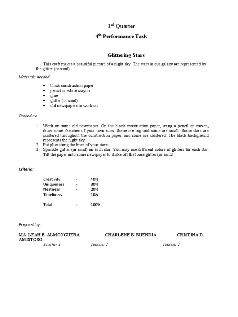 Grade 9 3rd Quarter Science Task: Stars | PDF