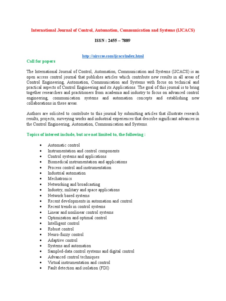 International Journal of Control, Automation, Communication and Systems