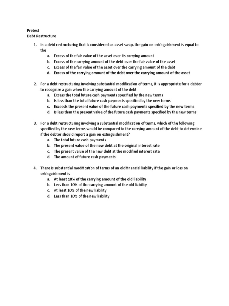 Debt Restructuring Pretest Questions | PDF | Finance & Money Management