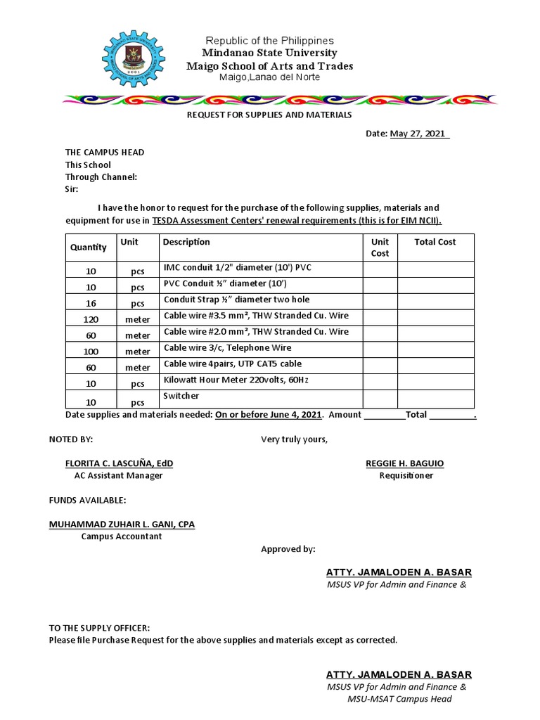 MSU-MSAT Supply Request for 2021 | PDF | Electrical Components | Machines