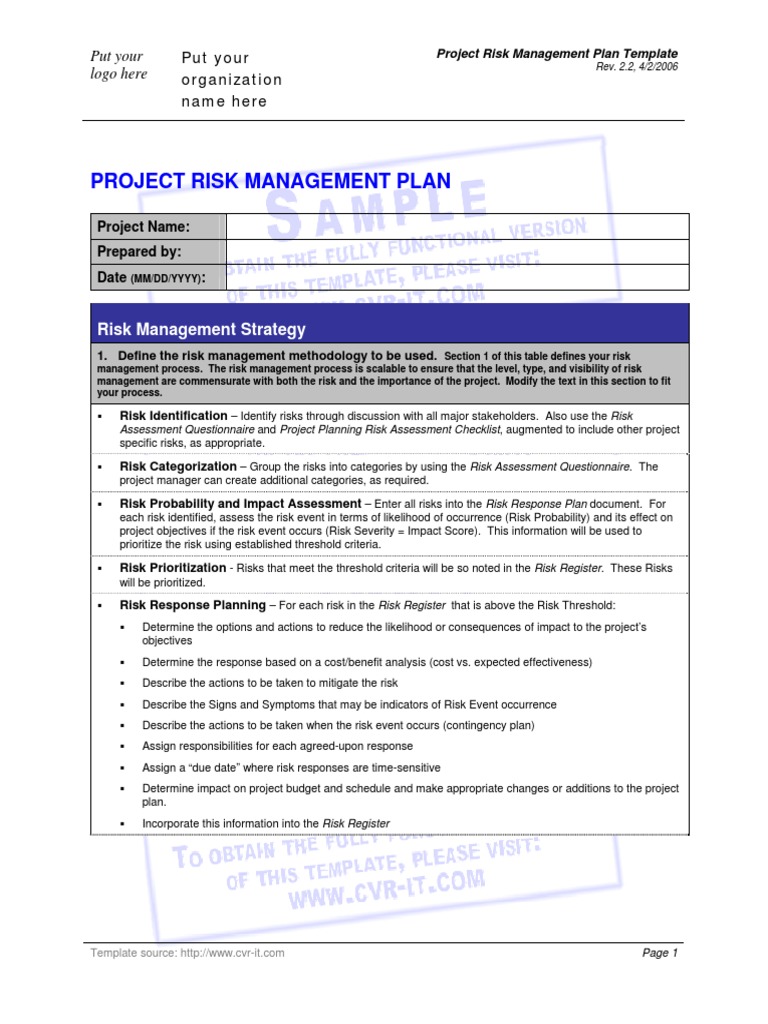 Project Risk Management Plan Template | PDF | Risk Management | Risk ...