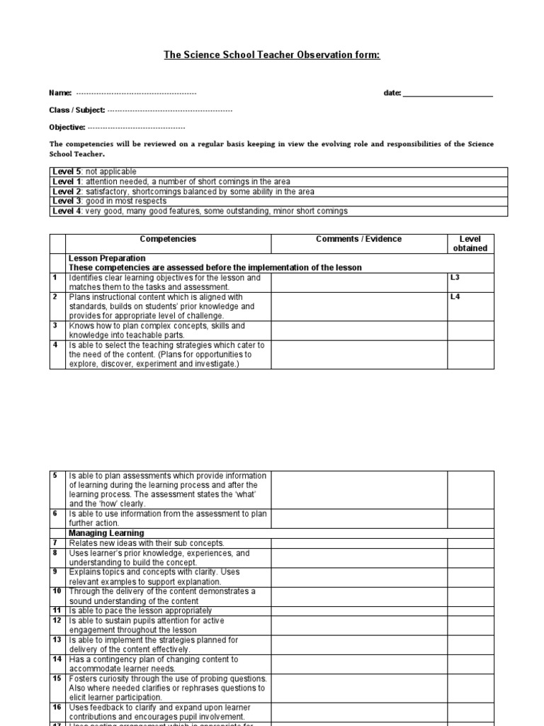 The Science School Teacher Observation Form | Download Free PDF ...