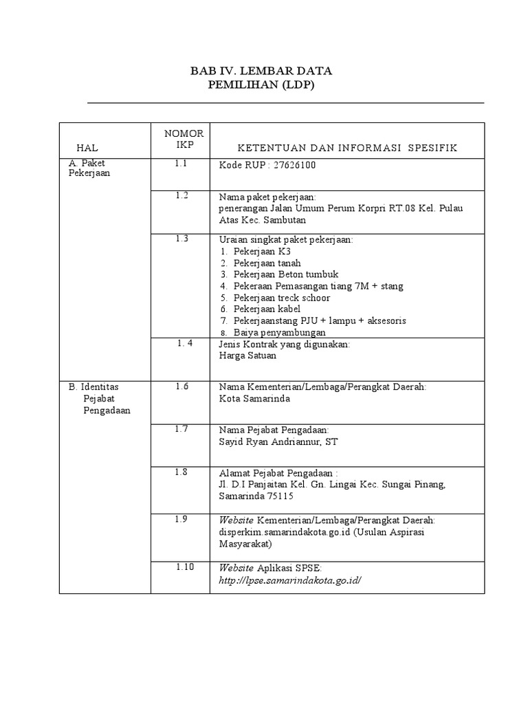 LDP Tender Pekerjaan Penerangan Jalan | PDF