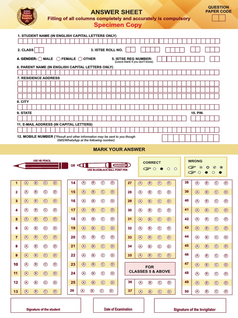 Specimen Copy Answer Sheet PDF