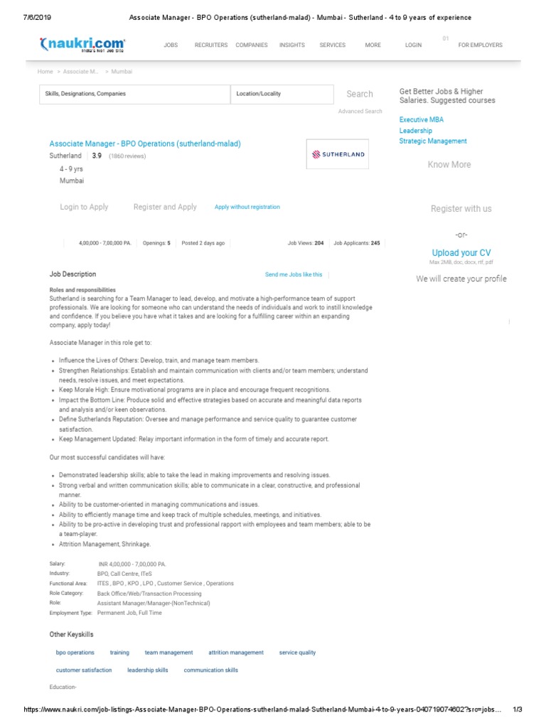 Associate Manager BPO Operations (SutherlandMalad) Mumbai