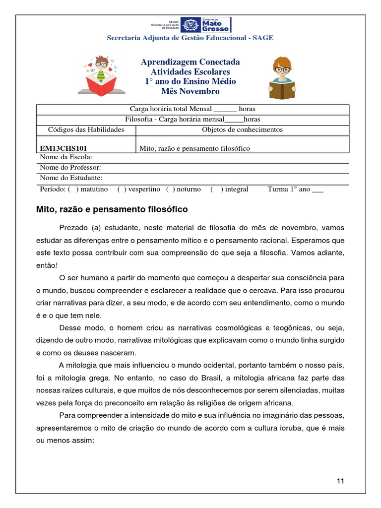 Filosofia 1 Ano Ensino Médio | PDF | Mitologia grega | Pensamento