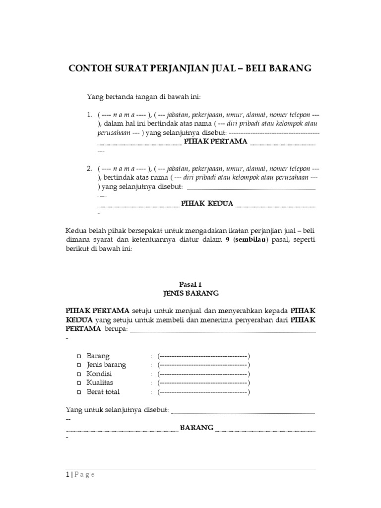 Contoh Surat Perjanjian Jual Beli | PDF